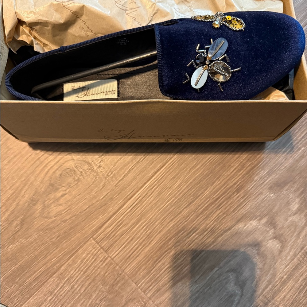 NWT  Vintage Havana Blue Velvet Loafers with Embellishment